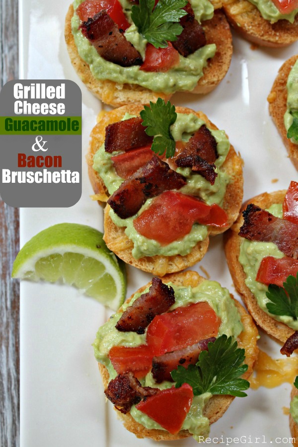 Grilled Cheese Guacamole and Bacon Bruschetta recipe from RecipeGirl.com Grilled Cheese Guacamole and Bacon Bruschetta
