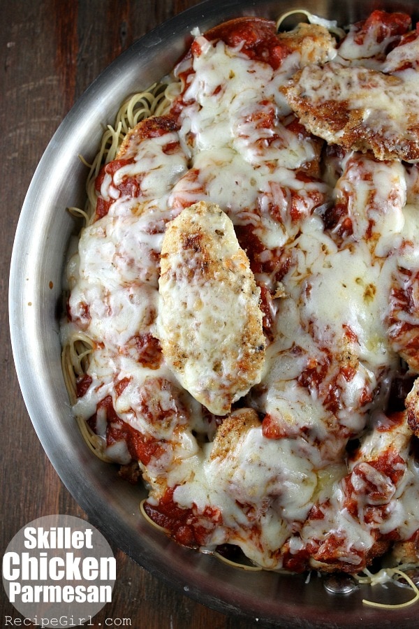 Skillet Chicken Parmesan - RecipeGirl.com Easy Skillet Chicken Parmesan in skillet