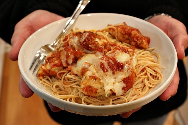 Skillet Chicken Parmesan Easy Skillet Chicken Parmesan in bowl with noodles