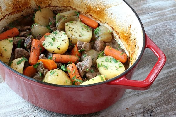 Irish Stew recipe from RecipeGirl.com #irish #stew #recipe #RecipeGirl Irish Stew in a red pot