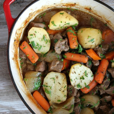 irish stew in a casserole dish