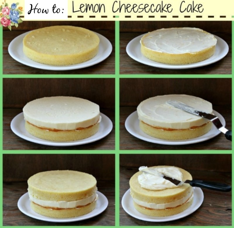 photos showing process of putting together lemon cheesecake cake