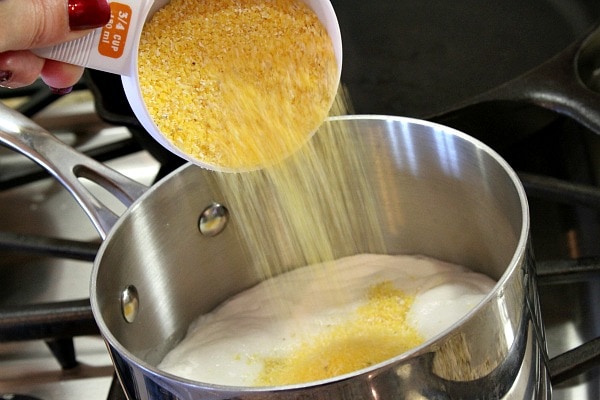 Polenta poured into pan