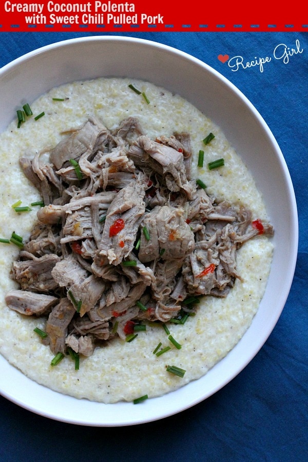 Creamy Coconut Polenta with Sweet Chili Pulled Pork - RecipeGirl.com