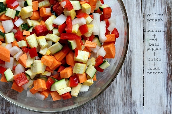 Roasted Vegetable and Black Bean Tacos from RecipeGirl.com #roastedvegetables #tacos #blackbeantacos #vegetarian #RecipeGirl chopped veggies in a bowl
