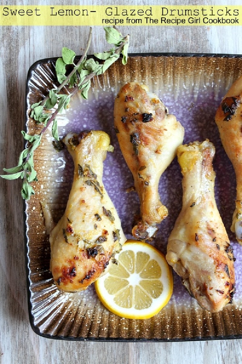 Sweet Lemon Glazed Drumsticks recipe from RecipeGirl.com #sweet #lemon #glazed #drumsticks #chicken #recipe #RecipeGirl sweet lemon glazed drumsticks on a platter