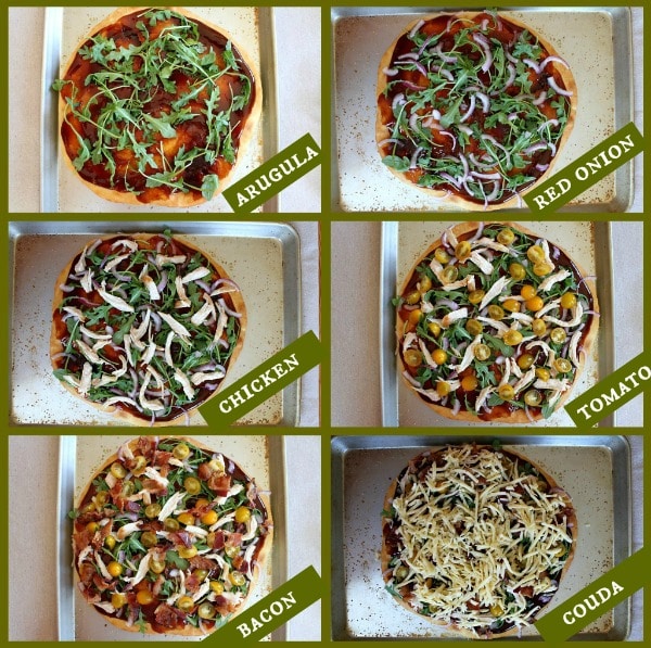 BBQ Chicken and Bacon Pizza recipe from RecipeGirl.com #bbq #barbecue #chicken #bacon #pizza #RecipeGIrl photos showing adding toppings to BBQ Chicken and Bacon Pizza