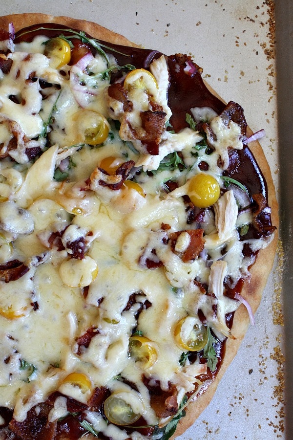 BBQ Chicken and Bacon Pizza recipe from RecipeGirl.com #bbq #barbecue #chicken #bacon #pizza #RecipeGIrl BBQ Chicken and Bacon Pizza