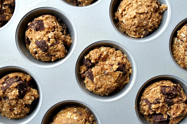 Dark Chocolate Oatmeal Cookie Cupcake dough in muffin tin