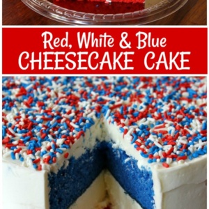 pinterest collage image for red, white and blue cheesecake cake