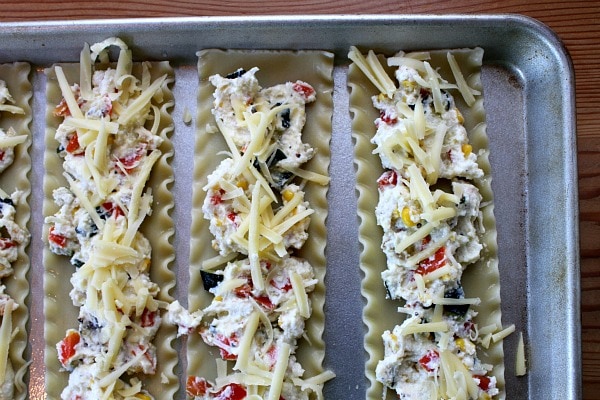 Roasted Vegetable Lasagna Roll Ups ready for rolling