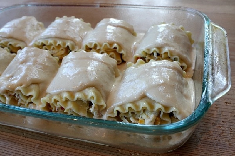 lasagna roll ups in pan ready for oven