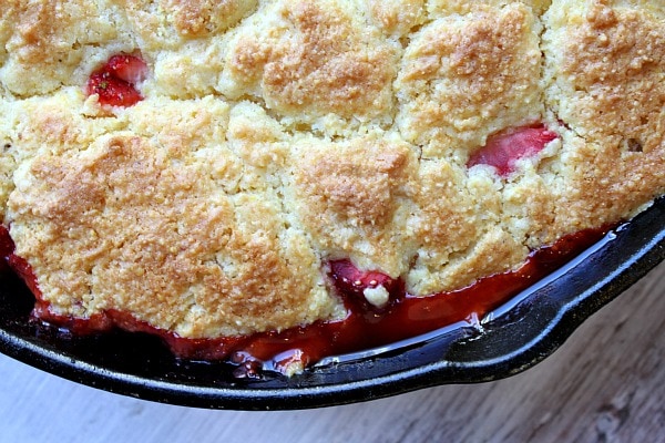 Strawberry Shortcake Skillet Cobbler in a black iron skillet