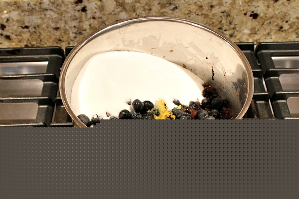 Blueberries, lemon zest and sugar in a saucepan on the stove waiting to be cooked into jam.