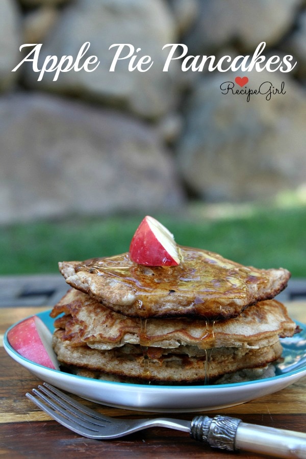 stack of Apple Pie Pancakes on a plate with syrup