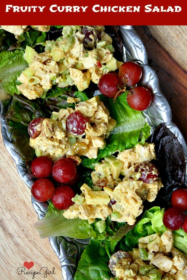 Fruity Curry Chicken Salad in lettuce leaves on tray