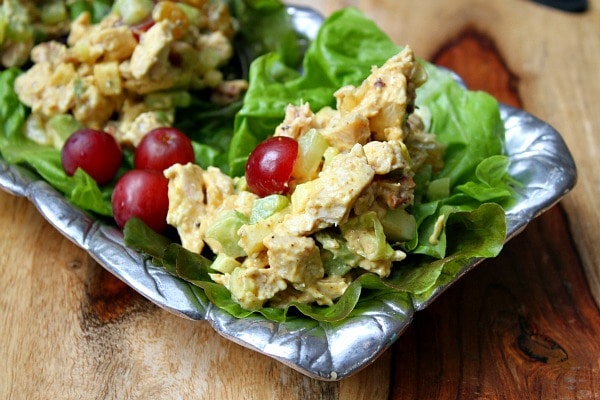 Fruity Curry Chicken Salad on a lettuce lined tray