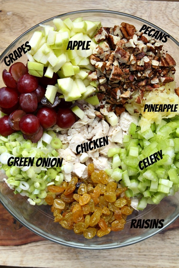 Ingredients for Fruity Curry Chicken Salad in a bowl