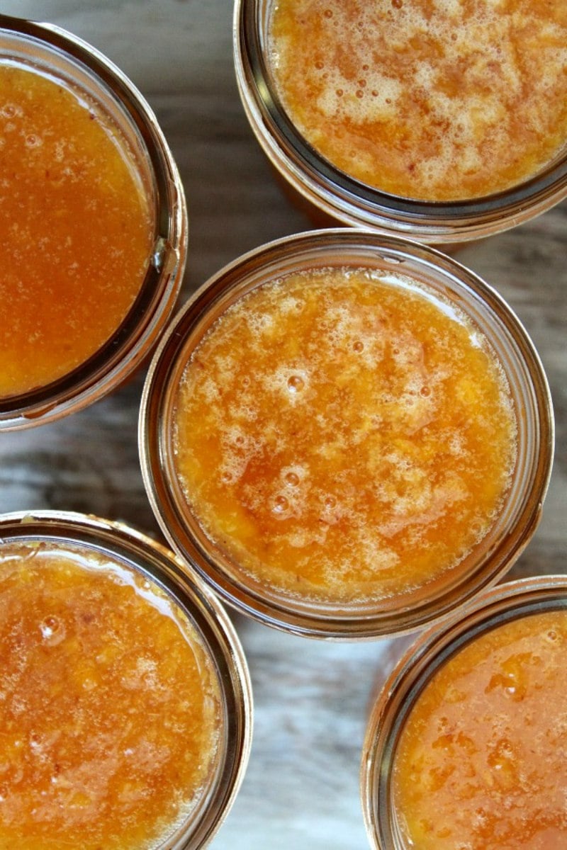 overhead shot of five jars of peach freezer jam with non lids on top