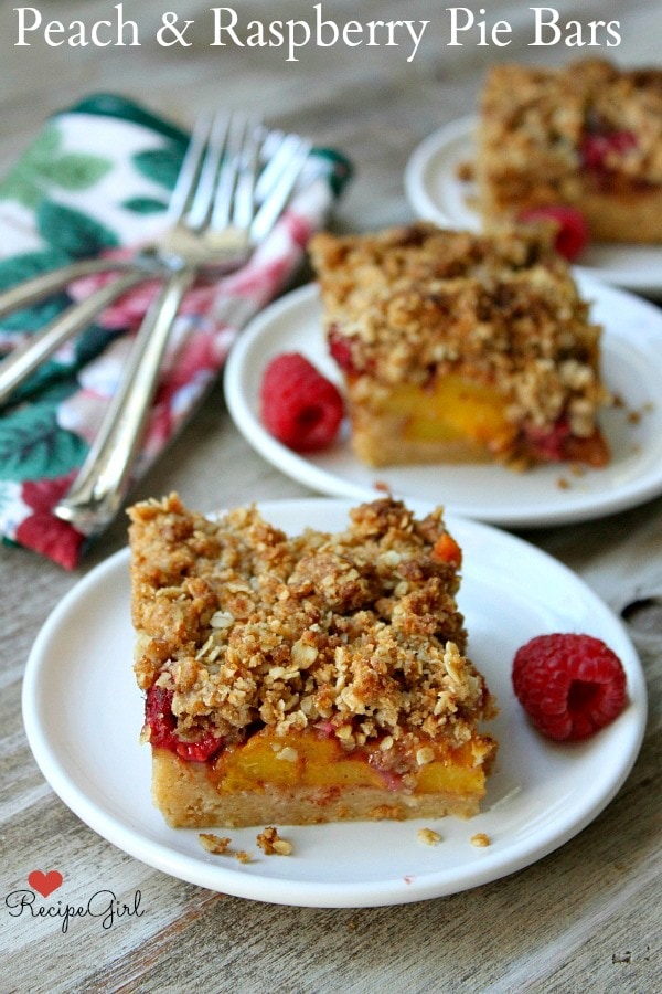 Peach and Raspberry Pie Bars - on RecipeGirl.com