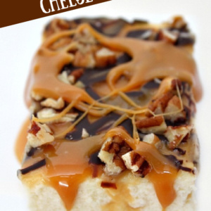 pinterest pin for caramel pecan cheesecake bars