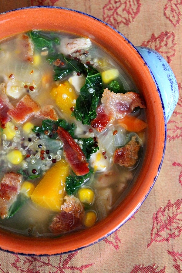 Harvest Vegetable and Chicken Soup with Quinoa and Bacon recipe from RecipeGirl.com Harvest Vegetable and Chicken Soup with Quinoa and Bacon overhead shot into bowl