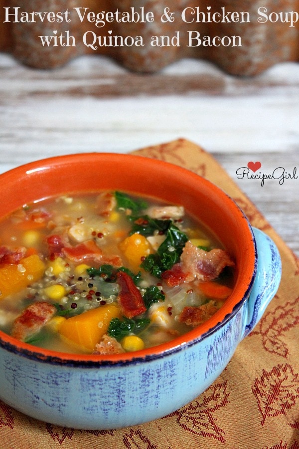 Harvest Vegetable and Chicken Soup with Quinoa and Bacon recipe from RecipeGirl.com Harvest Vegetable, Chicken and Quinoa Soup with Bacon from RecipeGirl.com