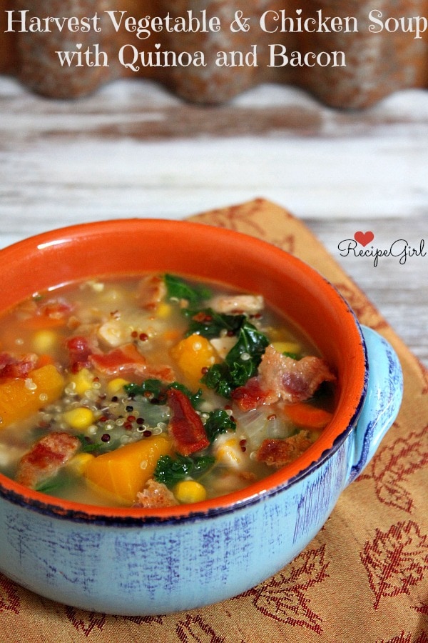 Harvest Vegetable, Chicken and Quinoa Soup with Bacon from RecipeGirl.com