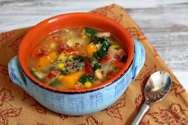 Harvest Vegetable and Chicken Soup with Quinoa and Bacon recipe from RecipeGirl.com Harvest Vegetable and Chicken Soup with Quinoa and Bacon in blue bowl