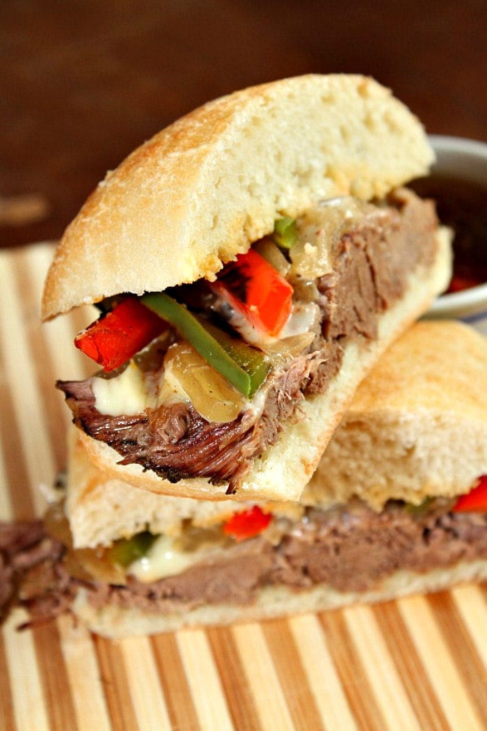 Slow Cooker French Dip Sandwiches recipe from RecipeGirl.com #slow #cooker #slowcooker #crockpot #cooked #slowcooked #french #dip #frenchdip #sandwich #sandwiches #easy #dinner #family #friendly #familyfriendly #recipe #RecipeGirl Slow Cooker French Dip Sandwiches