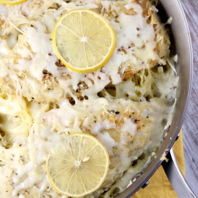 lemon chicken parmesan in skillet