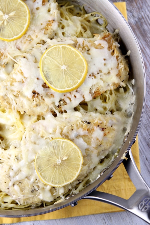 Lemon Chicken Parmesan recipe from RecipeGirl.com #lemon #chicken #parmesan #recipe #RecipeGirl Lemon Chicken Parmesan in a Skillet
