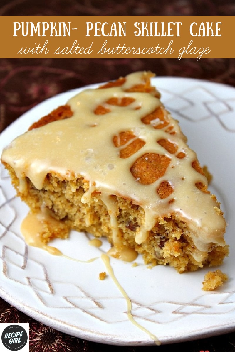 slice of pumpkin pecan skillet cake on white plate