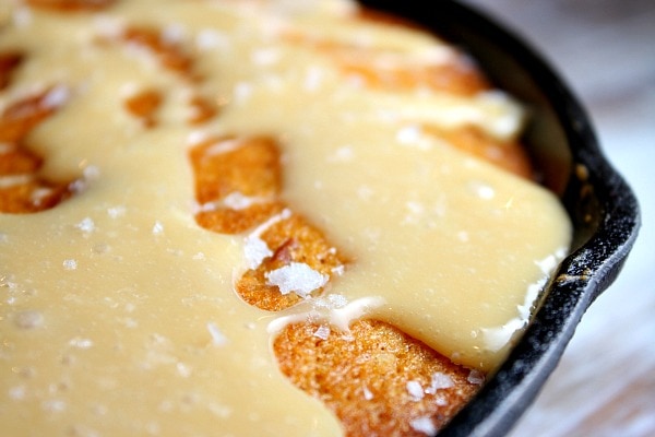 Pumpkin Pecan Skillet Cake with Salted Butterscotch Glaze in skillet