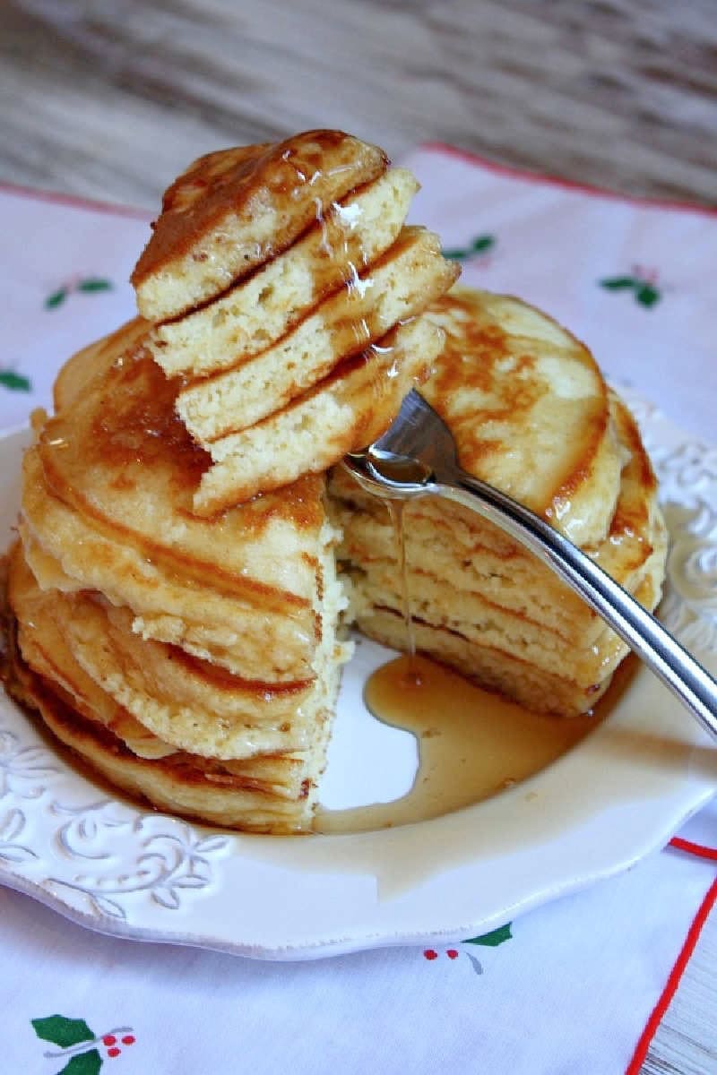 fork full of eggnog pancakes