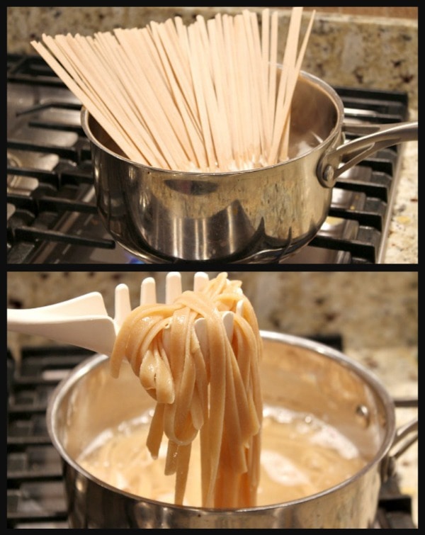 Chicken with Apples and Cider recipe from RecipeGirl.com cooking pasta in pan