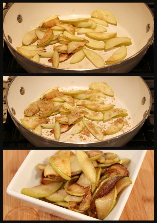Chicken with Apples and Cider recipe from RecipeGirl.com cooking apples in pan