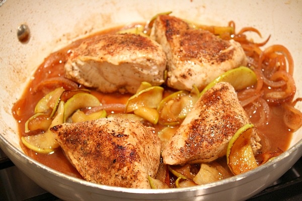 Chicken with Apples and Cider recipe from RecipeGirl.com Chicken with Apples and Cider in pan