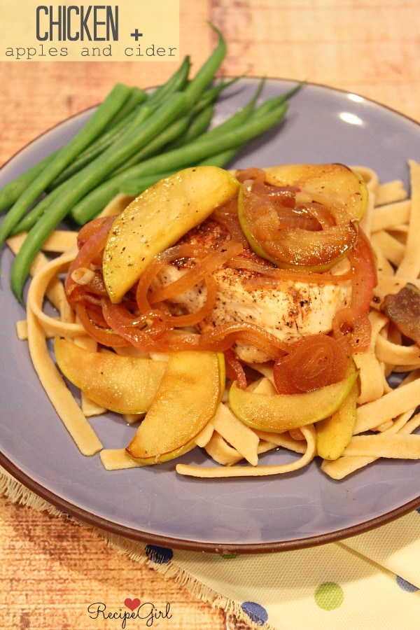 Chicken with Apples and Cider recipe from RecipeGirl.com Chicken with Apples and Cider on blue plate with green beans