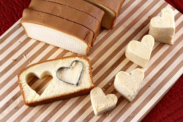 Cutting hearts from pound cake