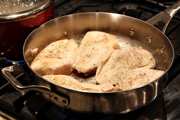 Honey Mustard Pale Ale Chicken recipe from RecipeGirl.com chicken frying in pan