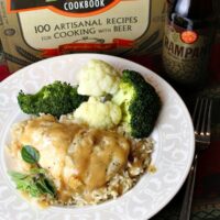 honey mustard pale ale chicken on a plate with rice and veggie