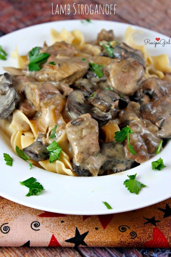Slow Cooker Lamb Stroganoff recipe from RecipeGirl.com Slow Cooker Lamb Stroganoff in white dish