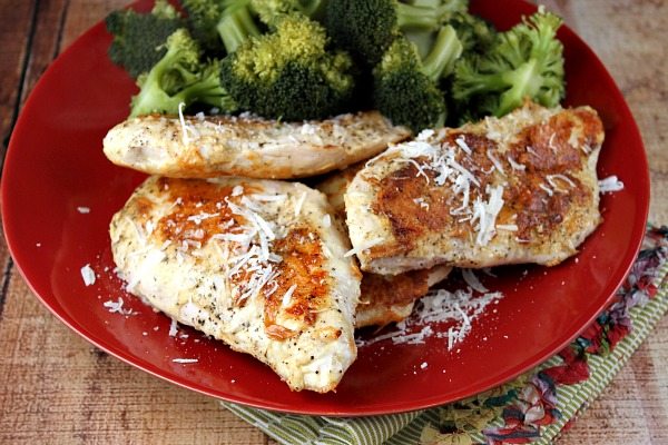 parmesan crusted chicken on a red plate