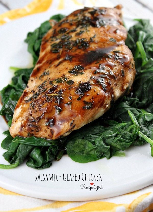 Balsamic Glazed Chicken recipe from RecipeGirl.com #easy #balsamic #glazed #chicken #recipe #RecipeGirl Balsamic Glazed Chicken served over spinach