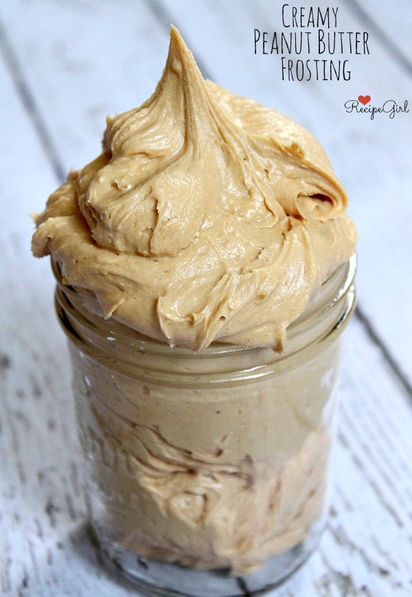 Easy Creamy Peanut Butter Frosting recipe from RecipeGirl.com #easy #creamy #peanut #butter #peanutbutter #frosting #recipe #RecipeGirl Jar of Creamy Peanut Butter Frosting