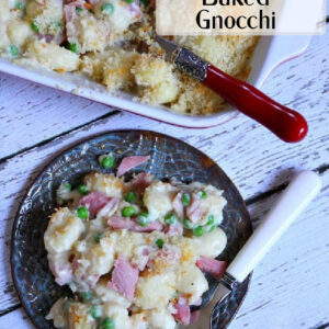 pinterest image for ham and cheese baked gnocchi