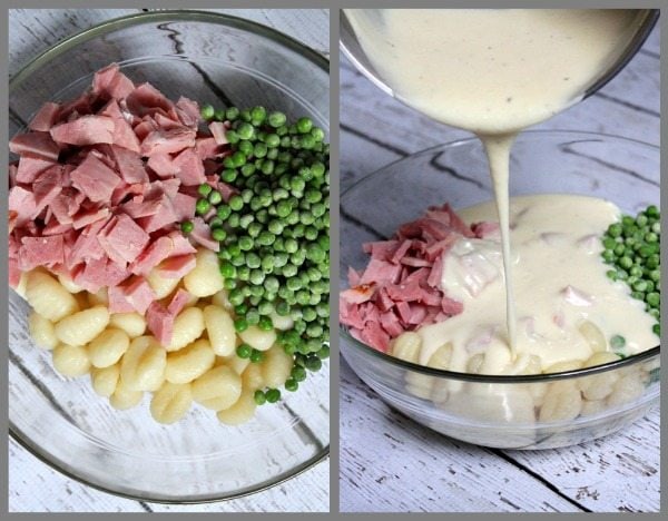 Ham and Cheese Baked Gnocchi recipe from RecipeGirl.com #ham #cheese #gnocchi #recipe #RecipeGirl prepping Ham and Swiss Baked Gnocchi filling with sauce