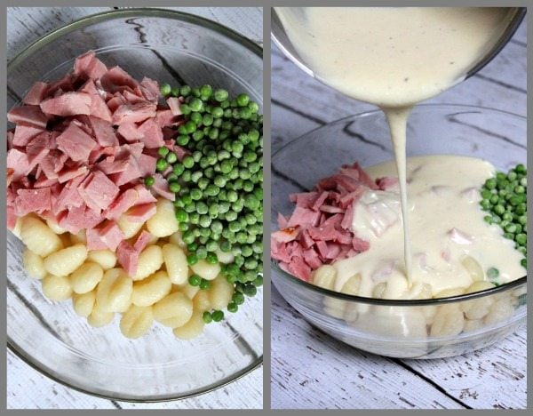 prepping Ham and Swiss Baked Gnocchi filling with sauce