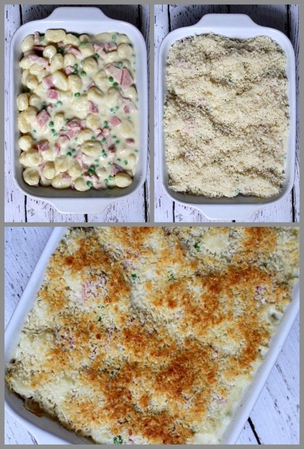 Ham and Cheese Baked Gnocchi recipe from RecipeGirl.com #ham #cheese #gnocchi #recipe #RecipeGirl three photos showing Ham and Swiss Baked Gnocchi prep and baked dish